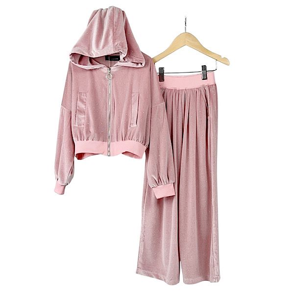 Pink Velour Diamante Tracksuit Co-ord Set 4-13 Years