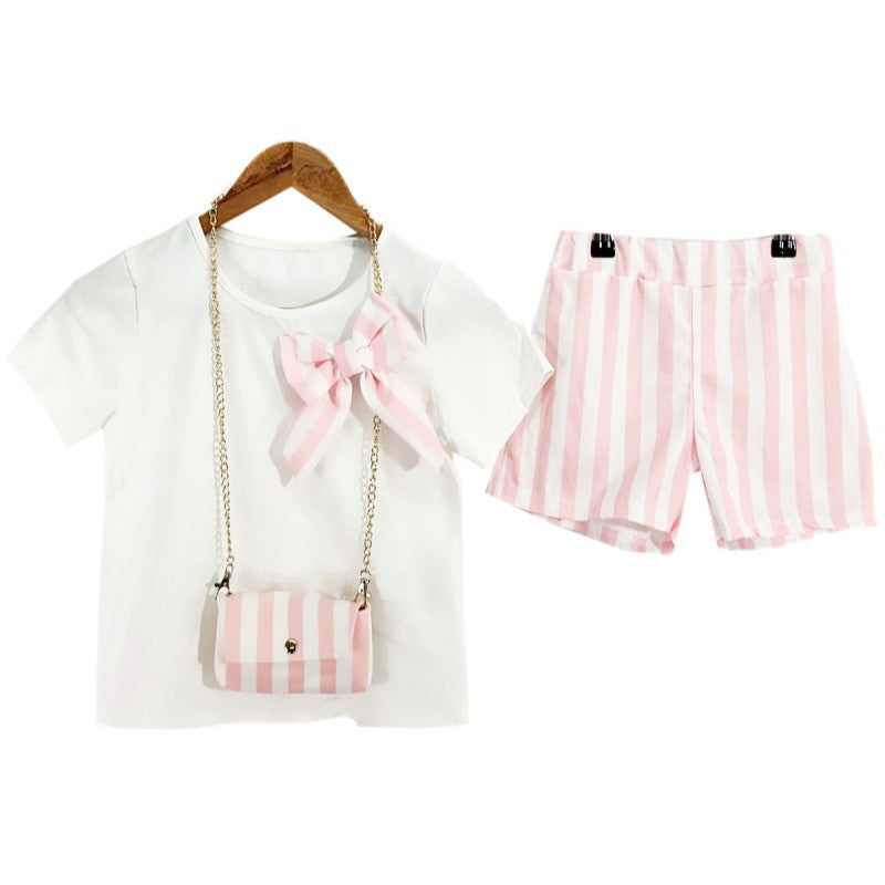 Girl's Pink Short Set With Bag 2-12 Years