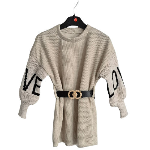 Beige 'Love' Perforated Sleeve Jumper Dress 4-14 Years